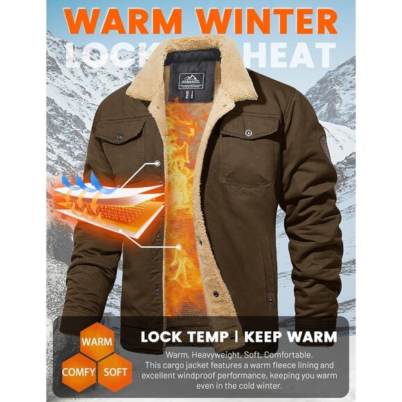 Mens Brown AI Winter Sherpa Lined Jacket Warm Trucker Coat Multi Pocket - Picture 2 of 7